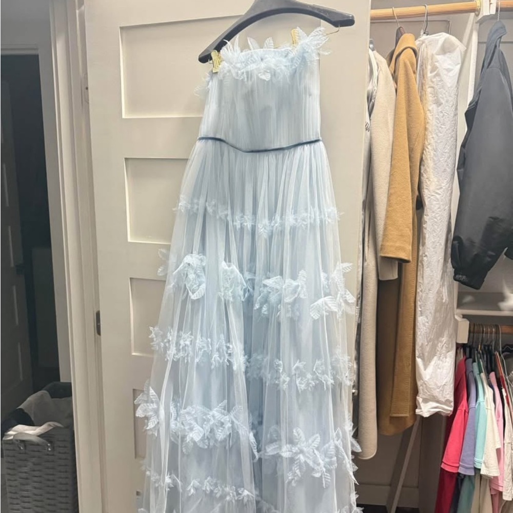 Marchesa Notte Formal Blue Belted Tulle Dress